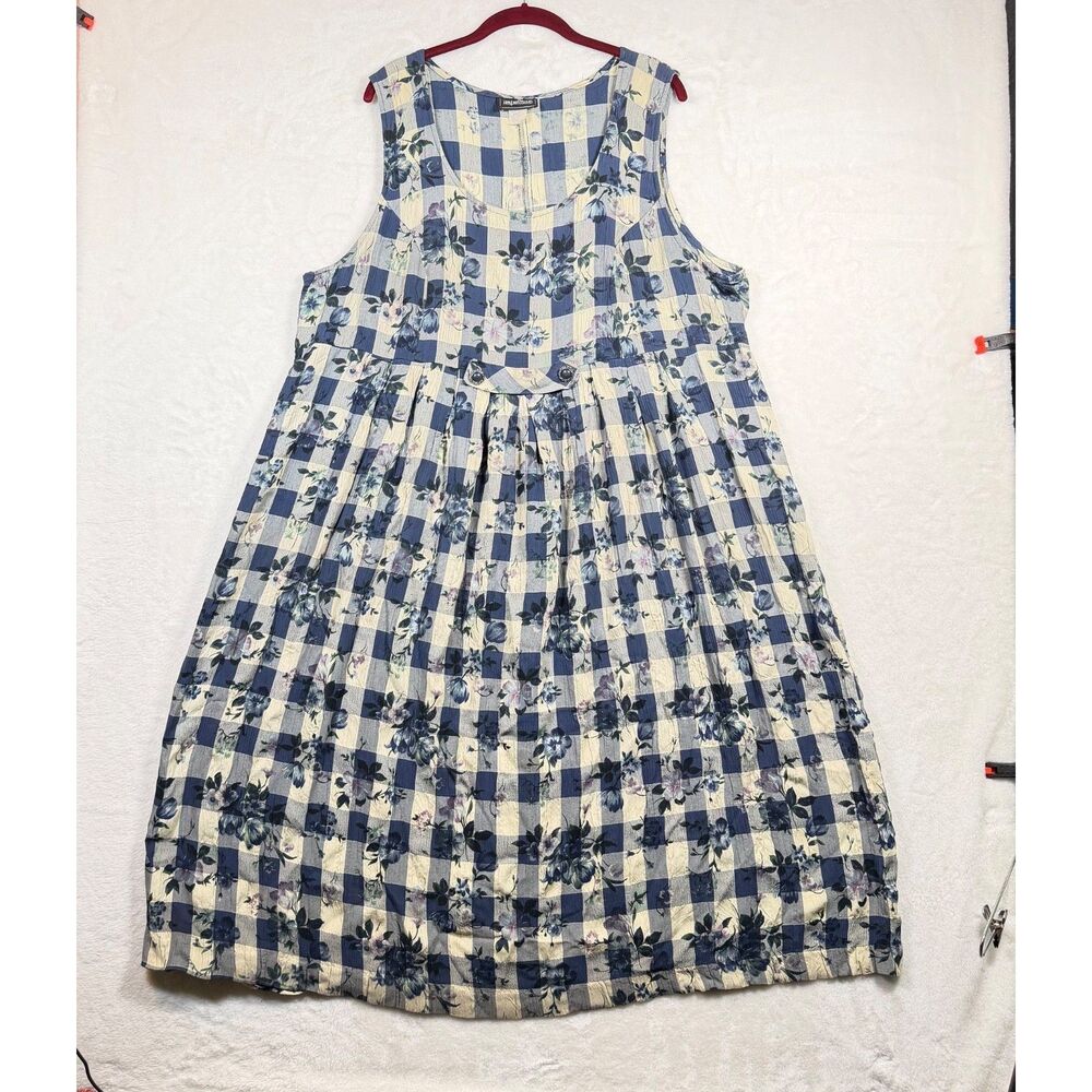 Vintage Impulsive 22W Blue Gingham Floral Sleeveless Dress Cottagecore USA Plus